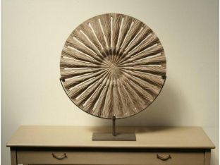 Small Carved Sun Wood Sculpture on Iron Stand - Cleared Décor