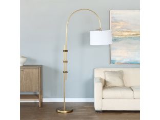 Natural Brass Arc Floor Lamp with Fabric Shade