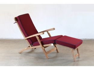 Teak Slatback Folding Recliner with Red Cushion and Blue Piping 