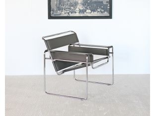 Gray Leather Wassily Style Lounge Chair