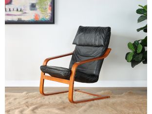Vintage Black Leather Teak Lounge Chair