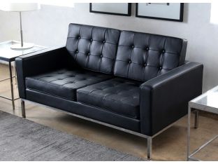 Black Leather Button Tufted Knoll Style Loveseat