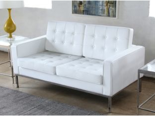 White Leather Button Tufted Knoll Style Loveseat