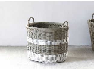 Large Gray and White Striped Wicker Basket