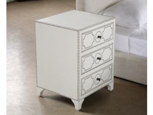 White Leather 3 Drawer Nightstand with Brass Nailhead
