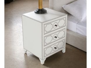 White Leather 3 Drawer Nightstand with Brass Nailhead