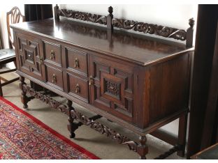 Jacobean Style Carved Oak Sideboard with Rail, Circa 1920
