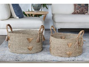 Set Of 2 Seagrass Woven Nesting Baskets W/Handles