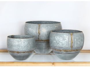 Set Of 3 Galvanized Pots W/ Brass Welds
