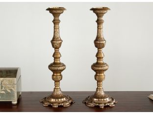 Pair of Antique Brass Ornate Candle Holders