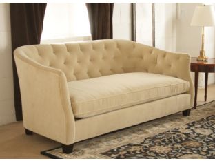 Curved Blond Velvet Sofa with Tufted Back and Toss Pillows