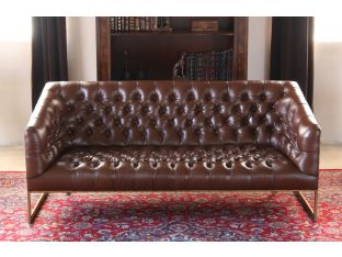 Tufted Leather Apartment Sofa with Antiqued Brass Frame