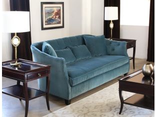 Curved Peacock Velvet Sofa with Tufted Back and Toss Pillows