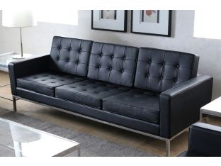 Black Leather Button Tufted Florence Knoll Style Sofa
