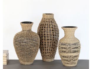 Set Of 3 Black Vases W/Woven Seagrass