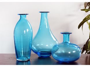 Set Of 3 Blue Glass Vases
