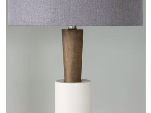 White Cylinder Table Lamp w/ Wood Neck
