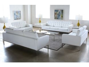 White Leather Button Tufted Knoll Style Sofa