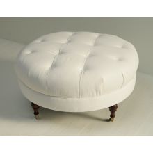 White Denim Tufted Ottoman with Turned Legs and Casters