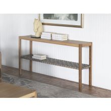 Natural Wood Console With Grey Woven Leather Shelf
