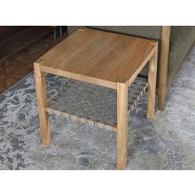 Natural Wood End Table W/ Woven Grey Leather Shelf