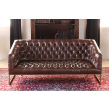 Tufted Leather Apartment Sofa with Antiqued Brass Frame